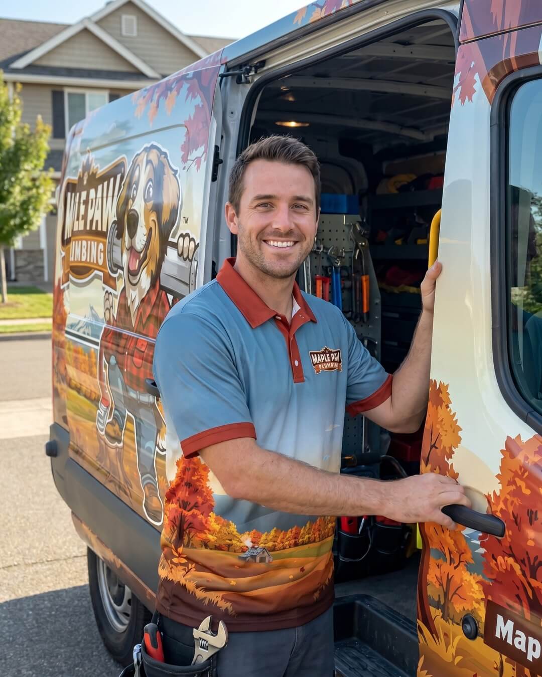 Maple Paw Plumbing service van on a Brentwood, NH job. Patrick Winn portrait coming soon.